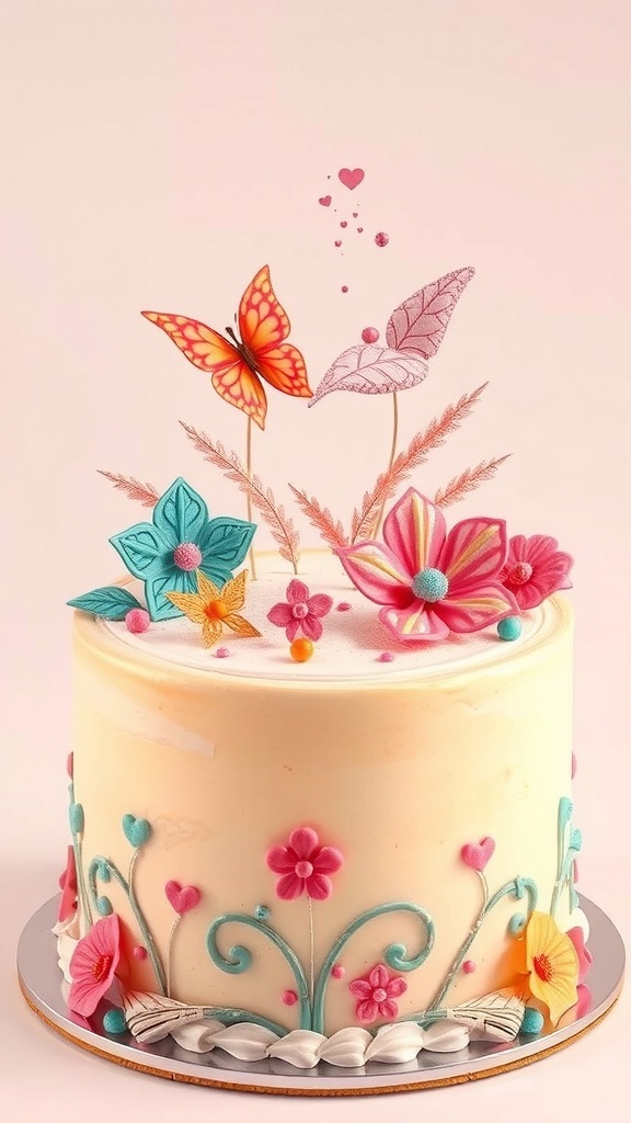 A decorated cake with colorful 3D flour art designs and edible glitter.